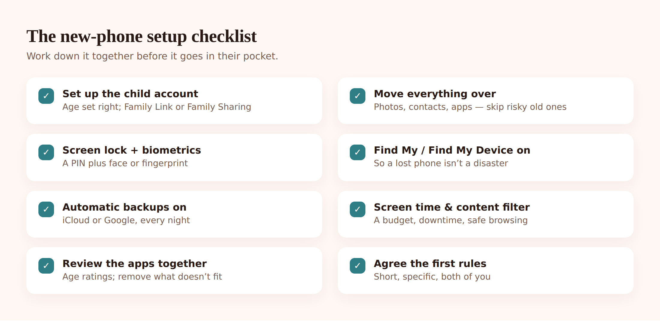 Illustrated checklist showing new-phone setup steps: charge, update, case, account, transfer, screen time, safety