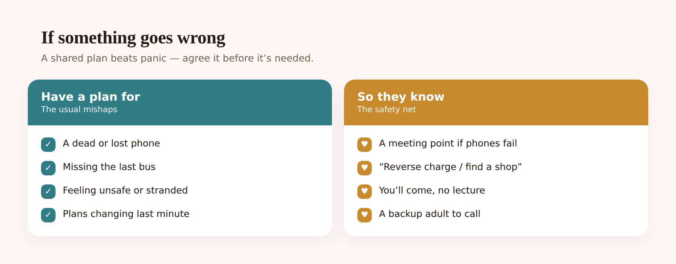 Illustration of a stranded teenager calling a parent for a lift home, calm and matter-of-fact