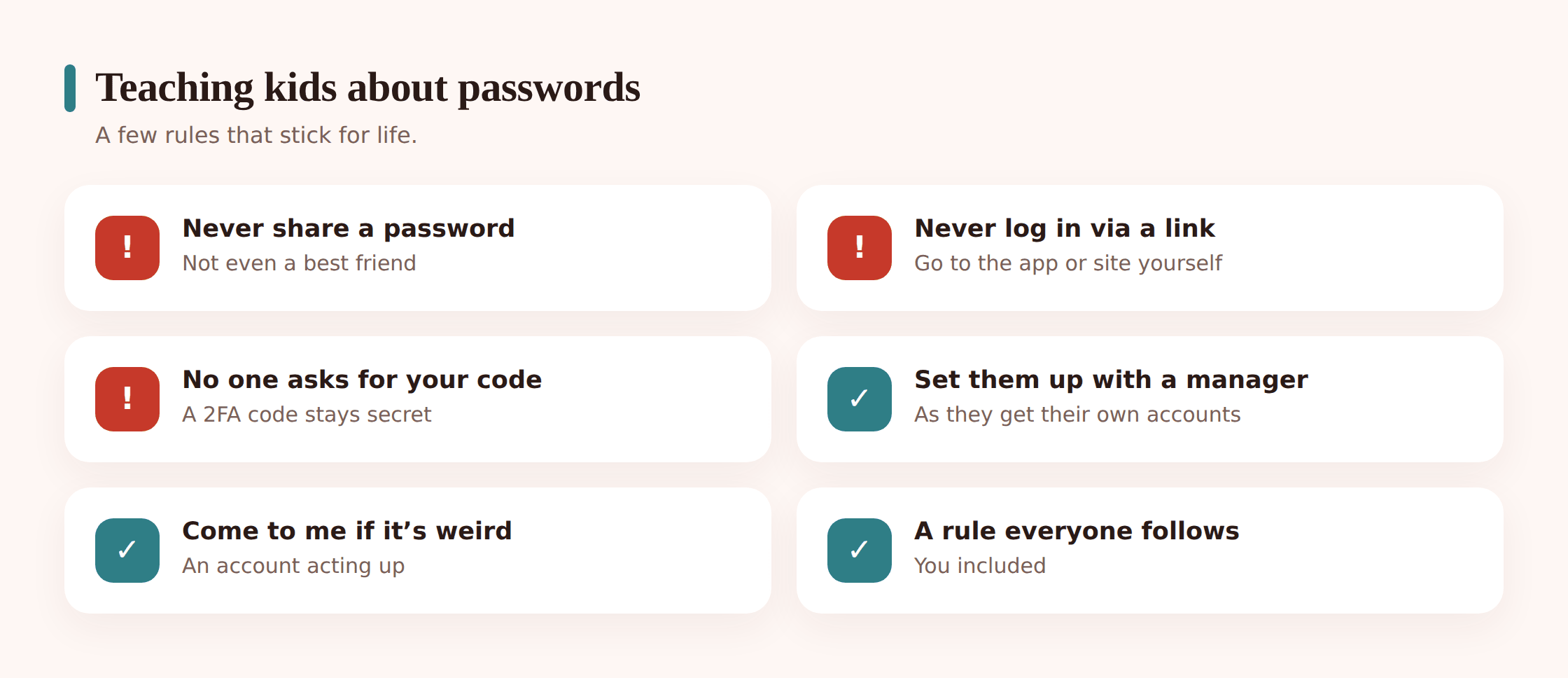 Illustration of a parent teaching a child simple password safety rules at a table