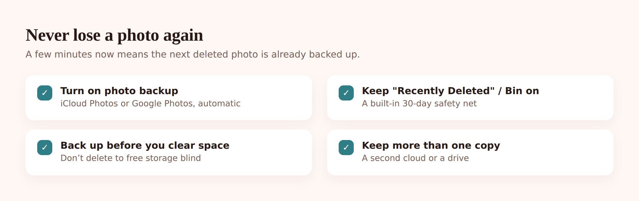 Illustration of a phone syncing photos to cloud backup so deletions are reversible