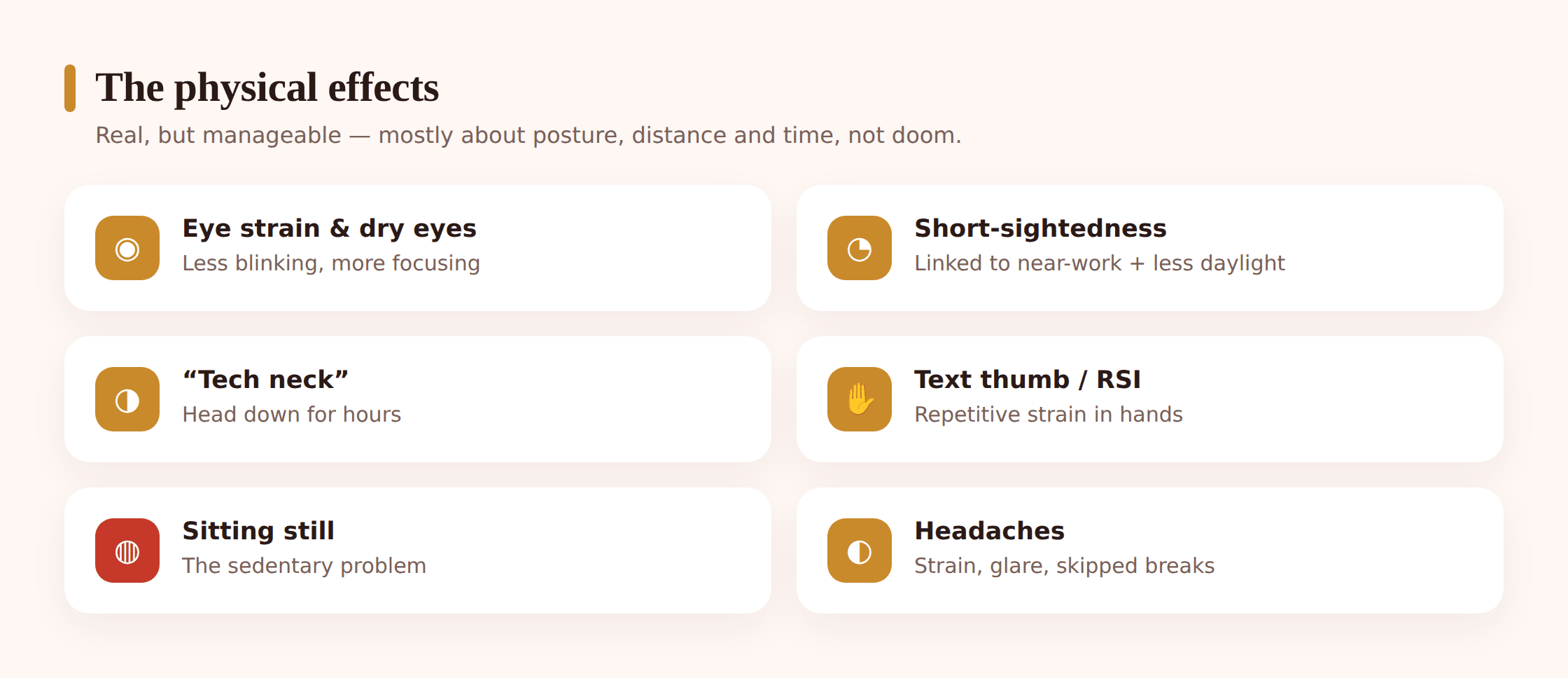 Grid of icons showing tired eyes, a bent neck, a sore thumb, a headache and a seated figure
