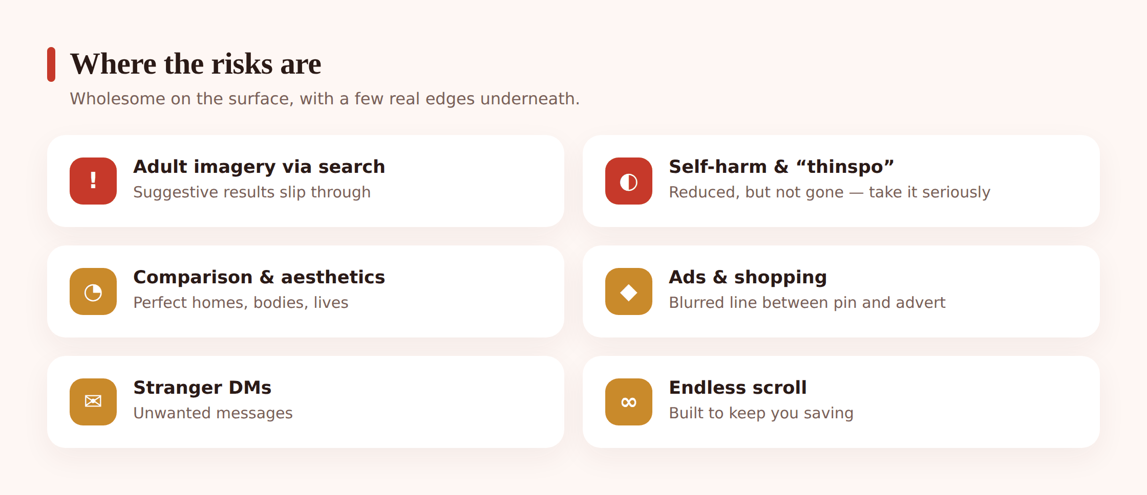 Grid of Pinterest risk areas shown as icons: adult imagery in search, sensitive content, stranger DMs, ads and shopping, and aesthetic comparison