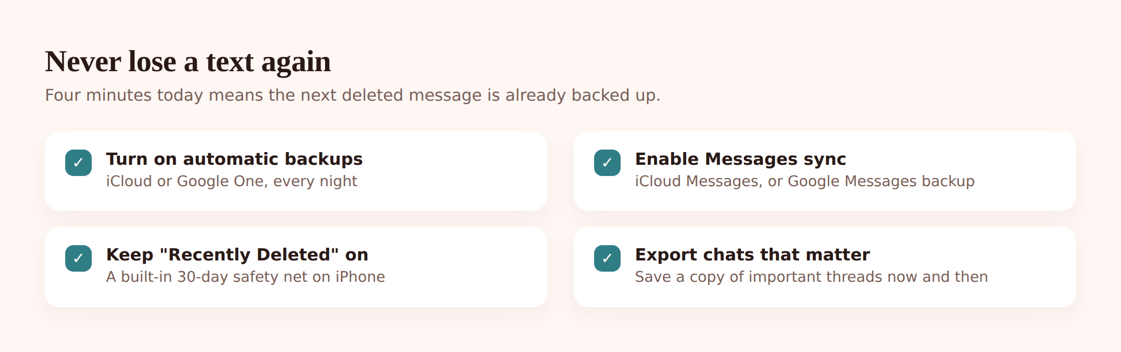 Illustration of automatic backup toggles switched on for iCloud and Google One so messages are never lost