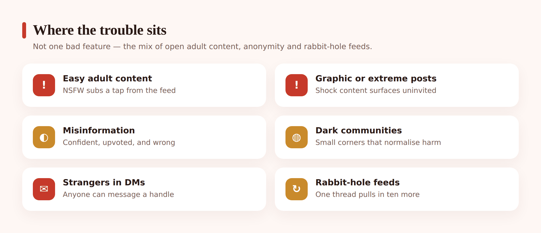 Grid of Reddit risks for kids: adult subreddits, graphic content, misinformation, harmful communities, strangers in DMs, and rabbit-hole feeds