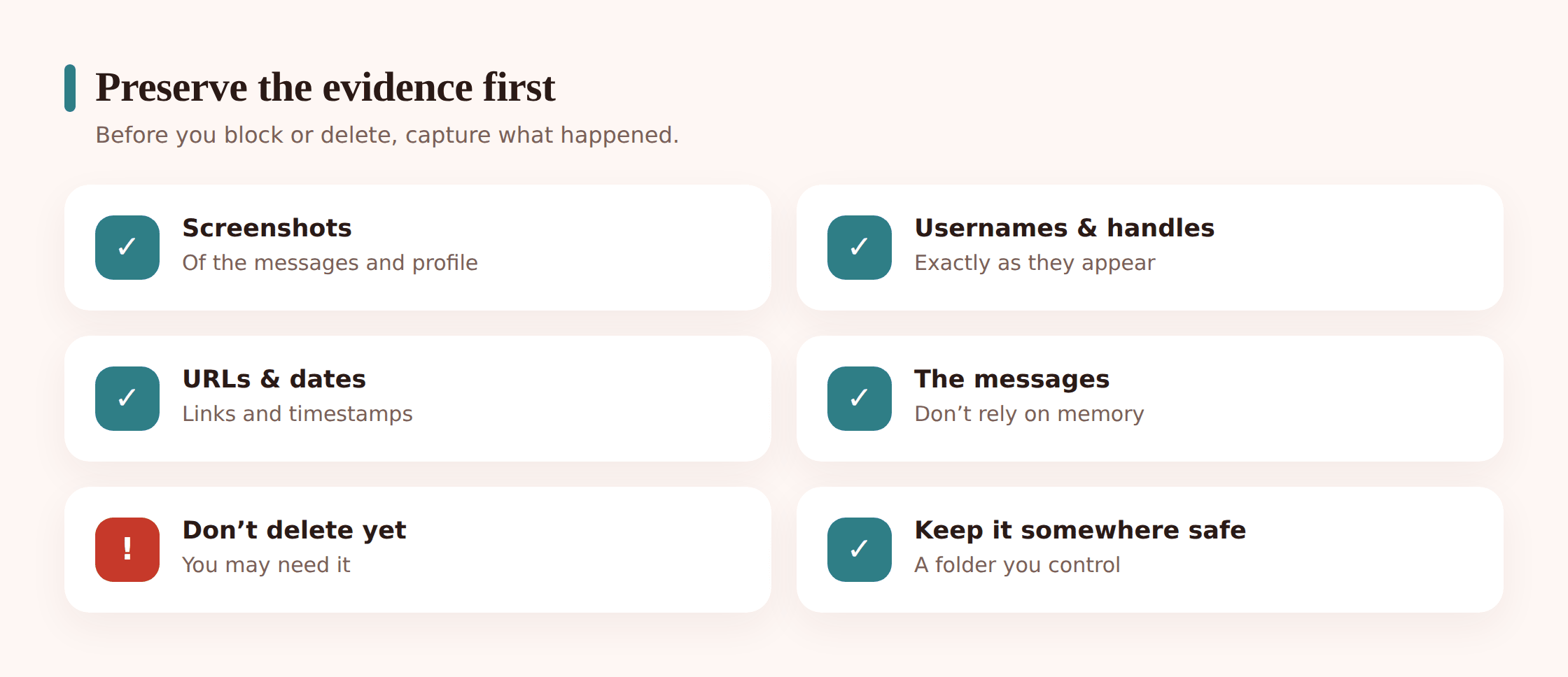 Illustrated folder holding screenshots, usernames and timestamps, representing preserved evidence