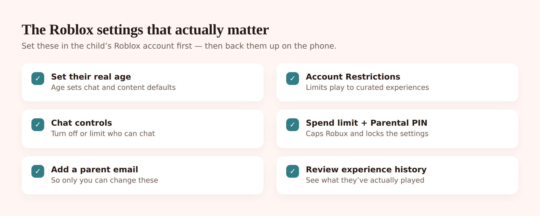 Illustration of the key Roblox account settings — age, account restrictions, chat controls, monthly spend limit and parent PIN