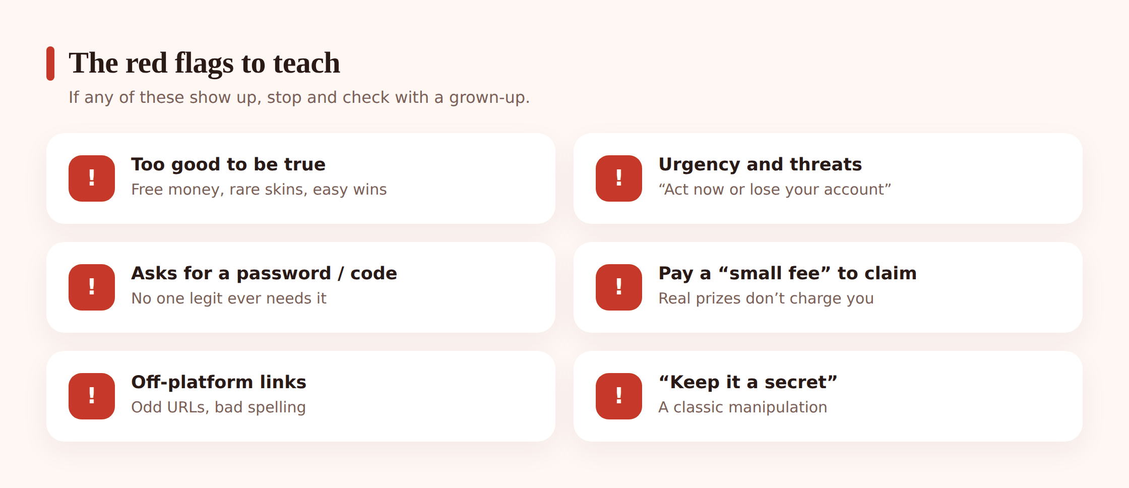 Illustration of a checklist of scam warning signs with a magnifying glass highlighting a suspicious URL