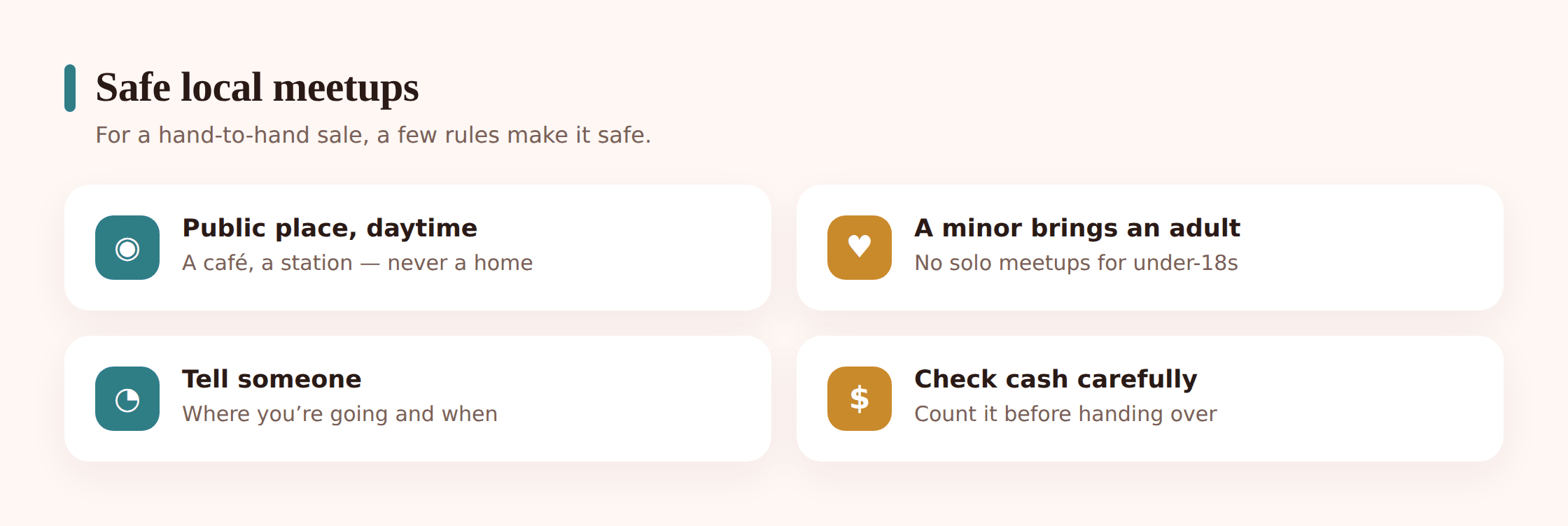 Illustration of a safe in-person handover in a busy public place in daylight, with a parent nearby
