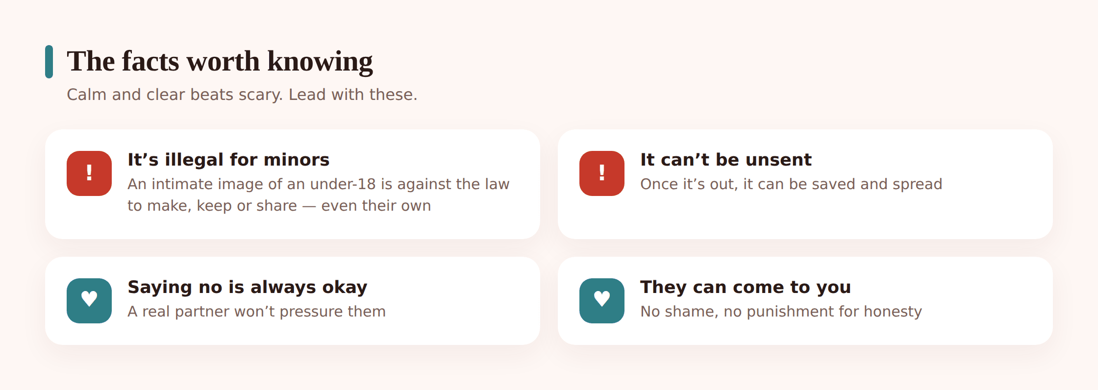 Illustration of key facts icons — a lock, a clock, and a shield — representing what parents should know about the law and risk