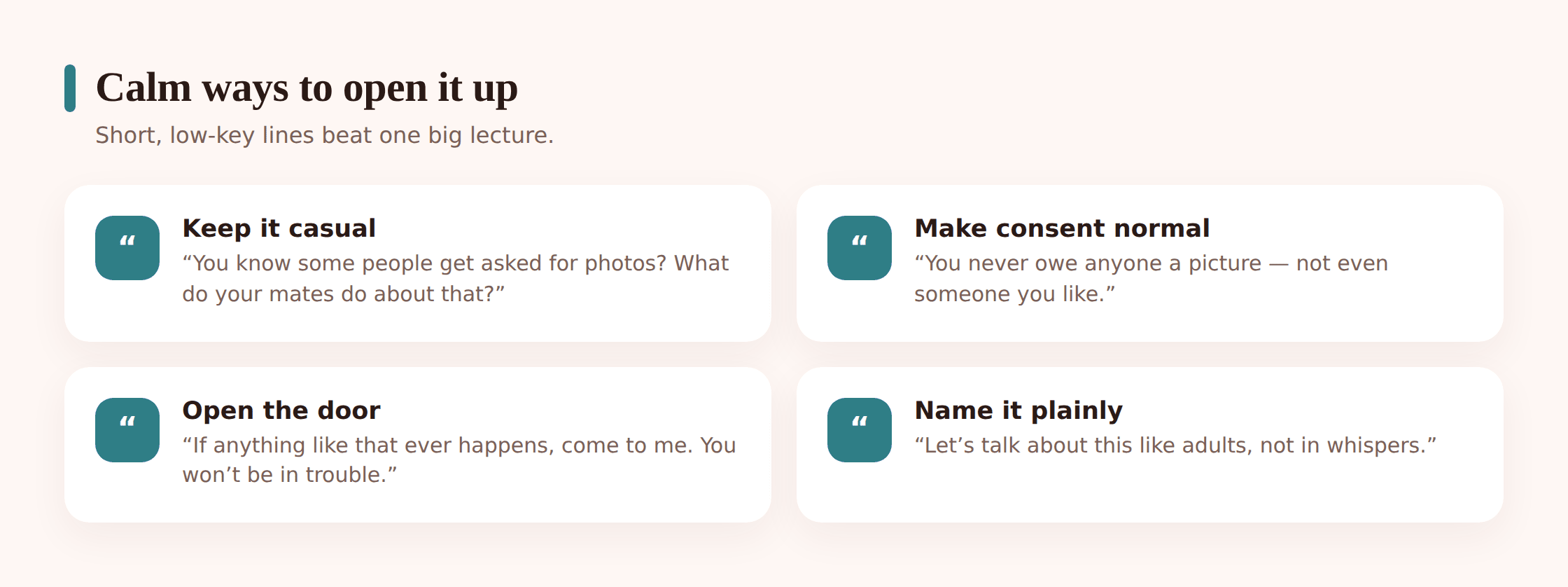 Illustration of calm speech bubbles representing gentle, non-accusatory ways for a parent to open a conversation