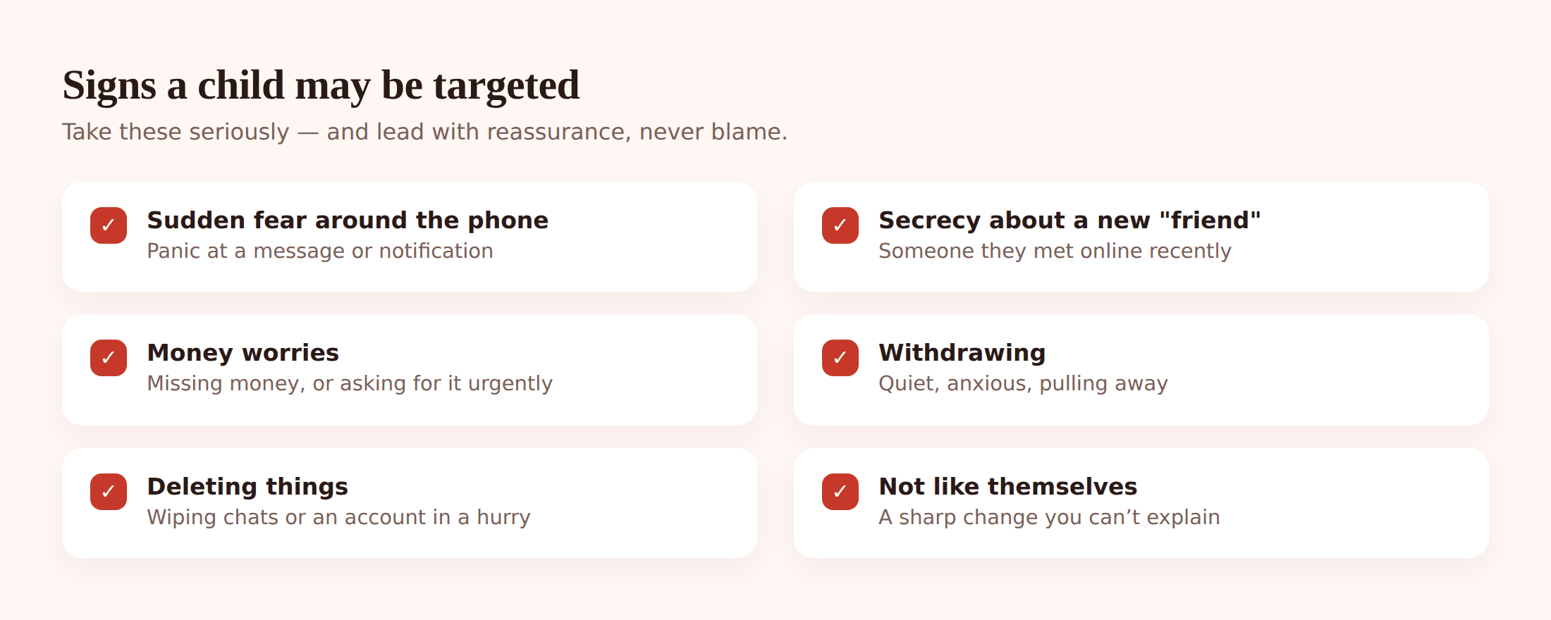 Illustration of subtle warning signs a child may be in distress, such as anxiety and secrecy around a phone