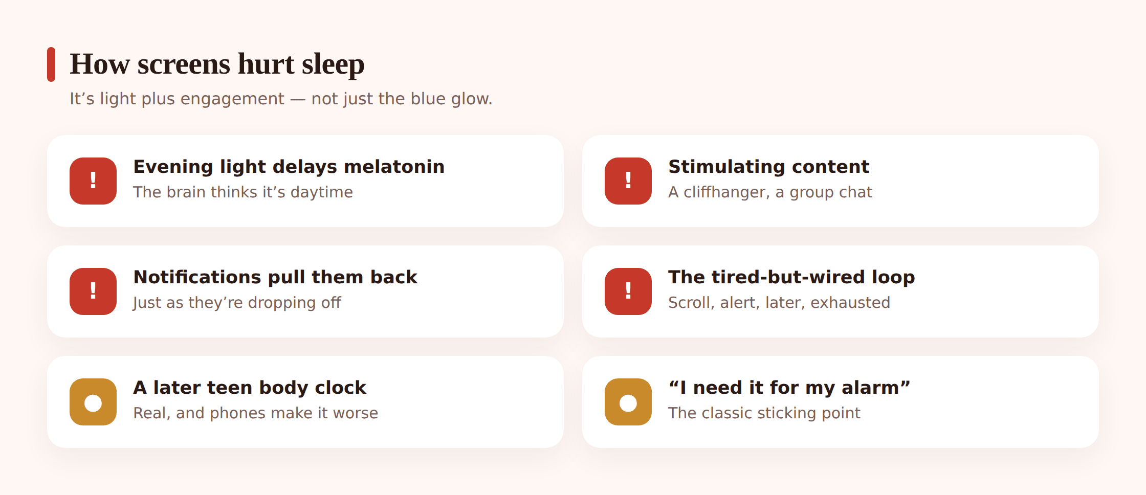 Illustration showing a phone screen delaying melatonin and a stream of notifications keeping a brain alert at bedtime
