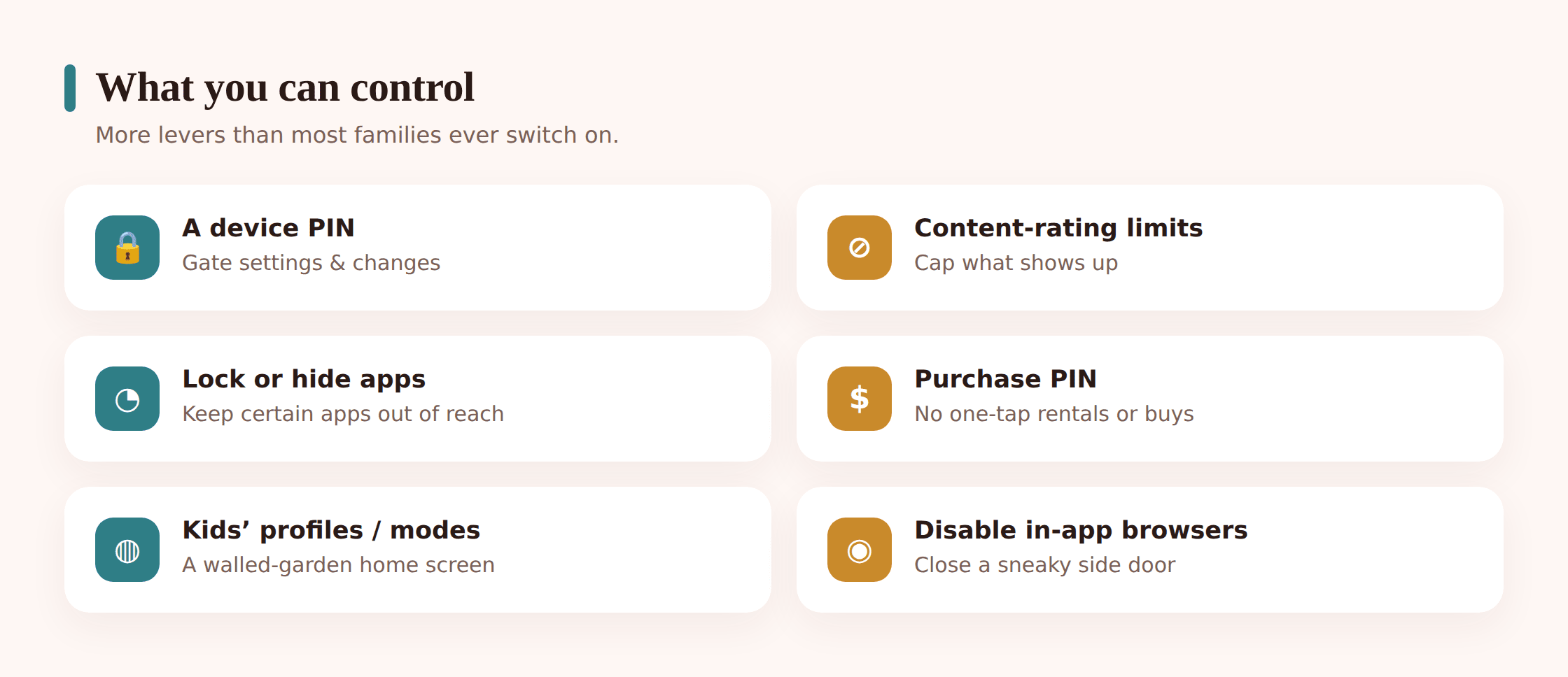 A panel showing a device PIN, content rating limit, app lock and purchase PIN