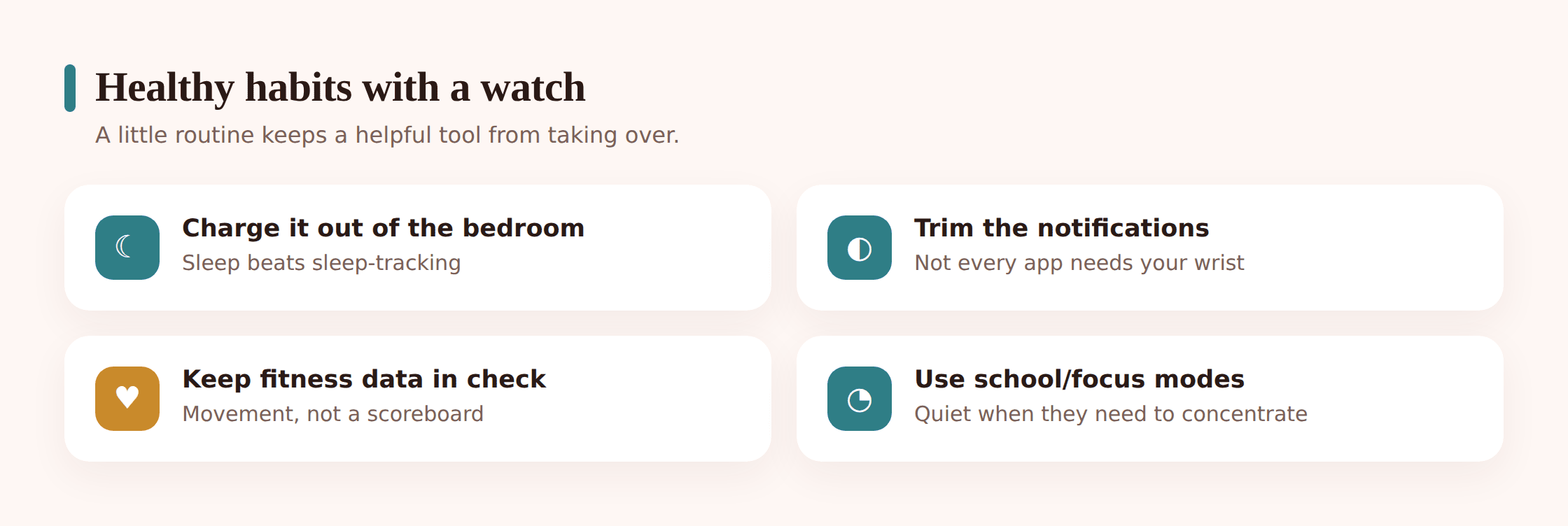 Illustration of a smartwatch in a calm bedtime mode with notifications paused, next to a sleeping teen