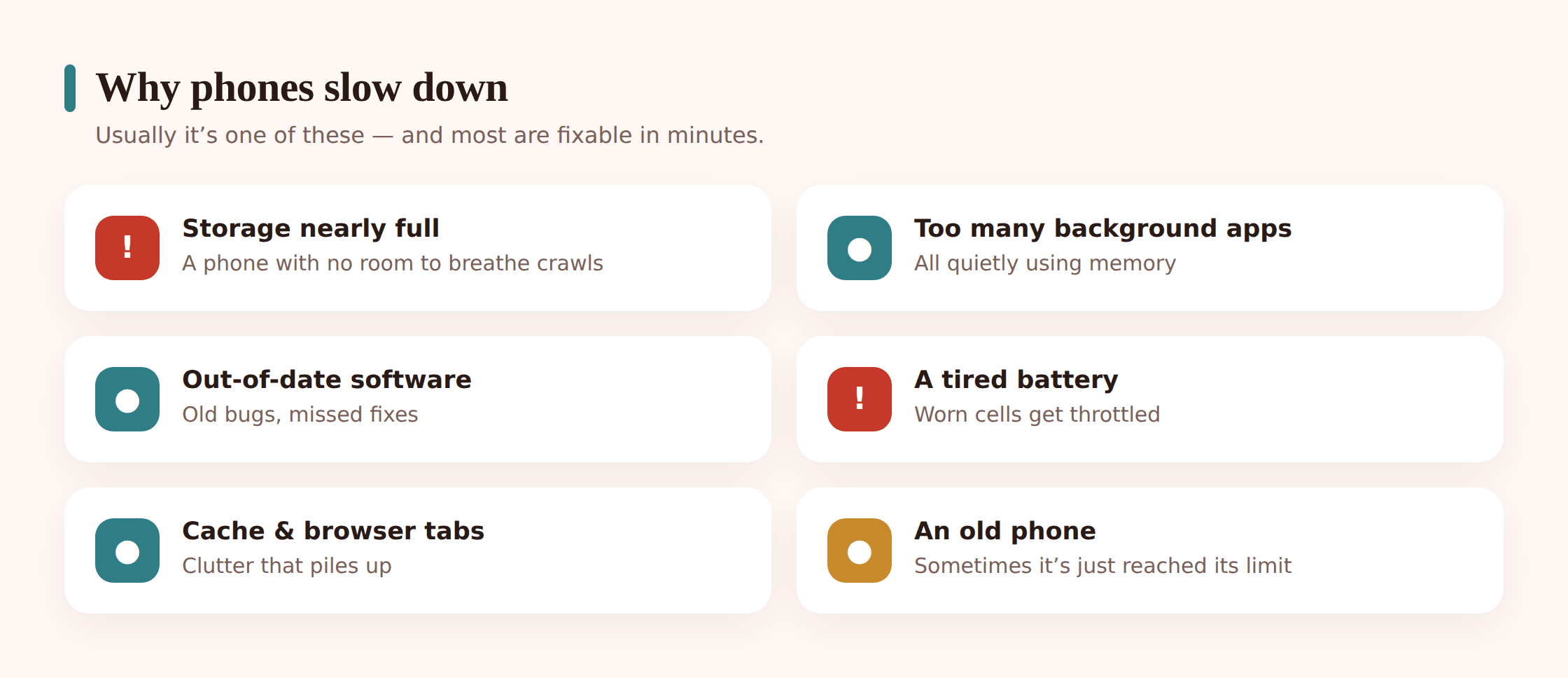 Illustrated diagram showing common slowdown causes: full storage bar, stacked background apps, an outdated gear, and a low battery
