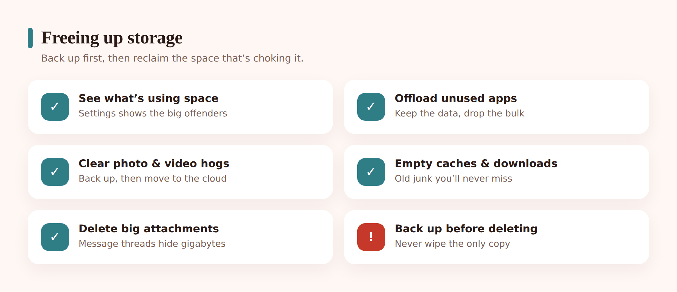 Illustrated storage cleanup: a nearly full drive being emptied of app icons, photos, and cache files