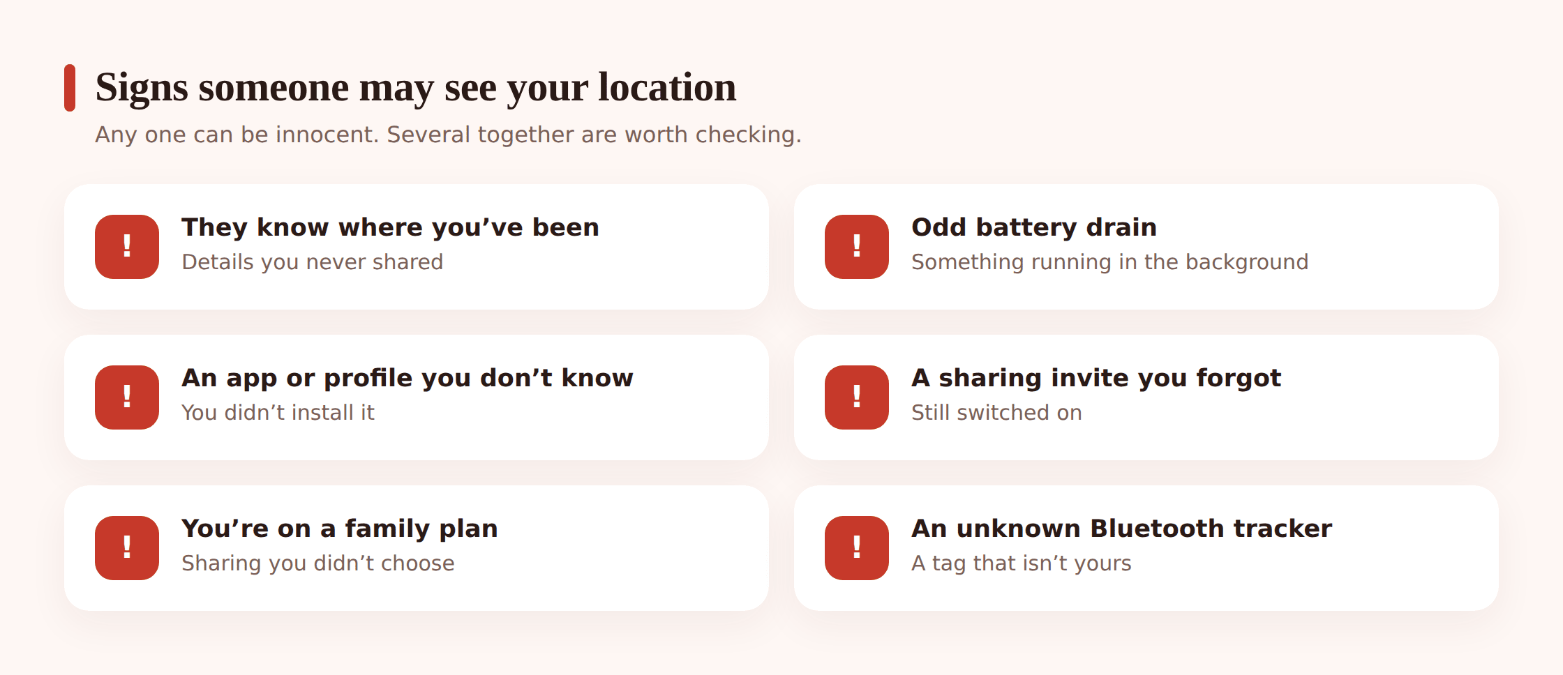 Illustration showing warning signs of location tracking: a draining battery, an unfamiliar app icon, and a map with an eye over it
