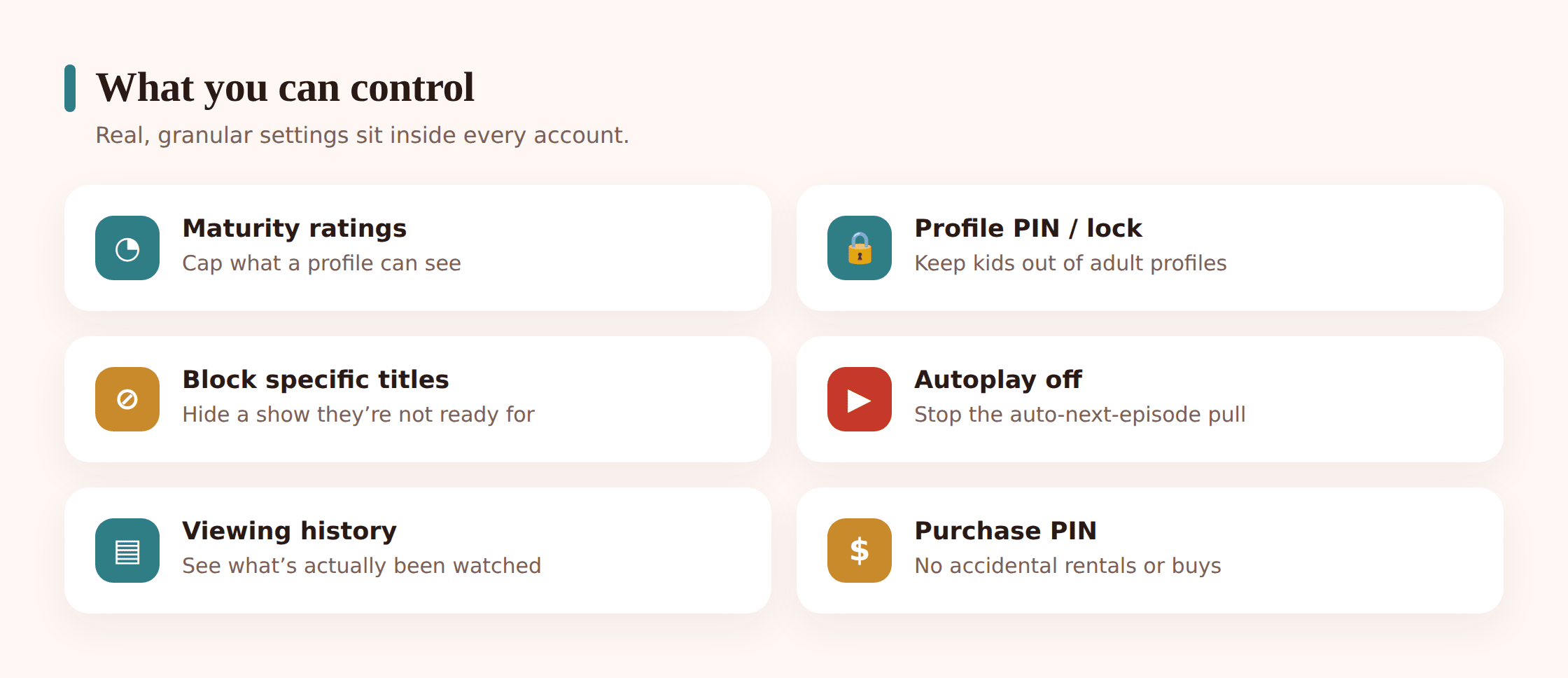 A panel showing maturity rating, profile PIN, autoplay and title restriction controls