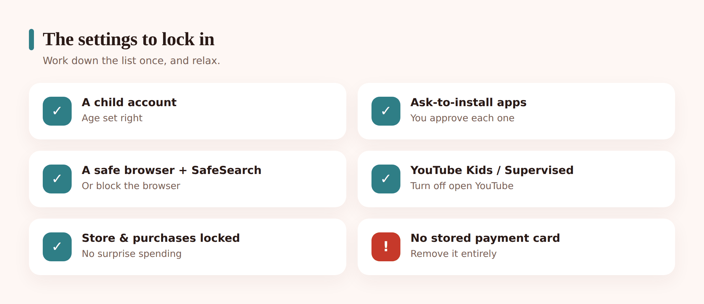 Illustration of a checklist of key tablet safety settings being ticked off one by one