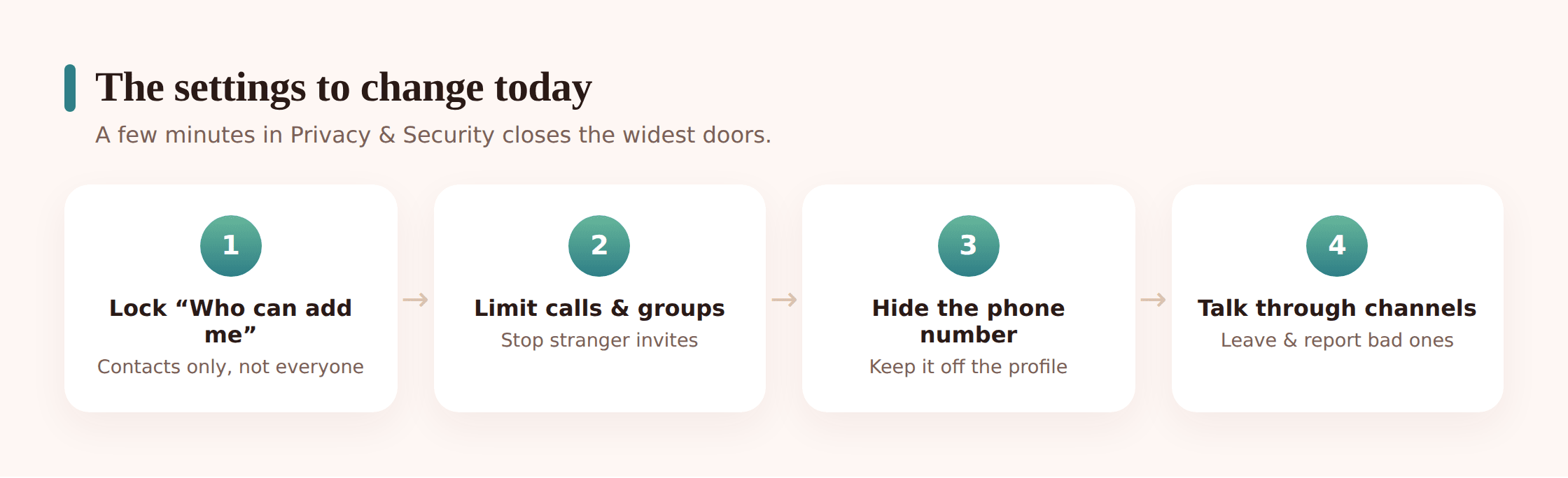 Illustration of Telegram privacy settings screen with toggles for phone number, username visibility, groups and calls