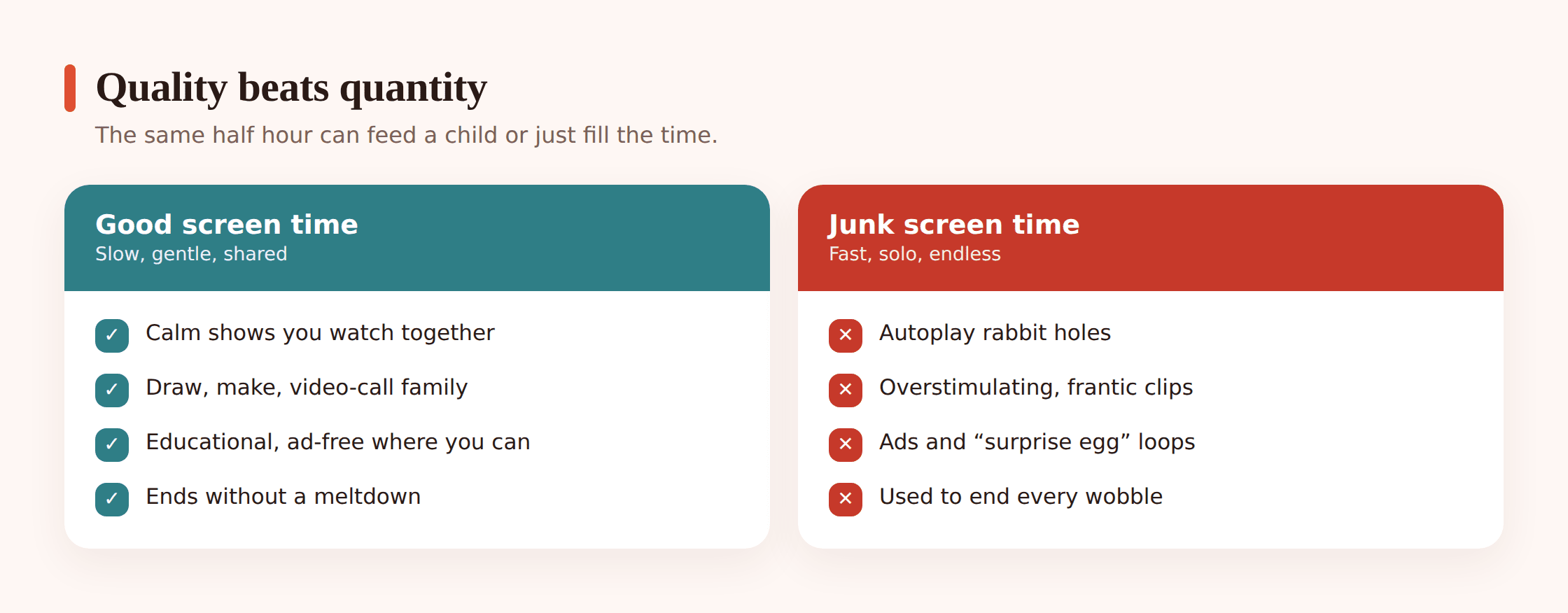 Illustration contrasting calm educational screen content on one side with fast, flashy, ad-filled content on the other