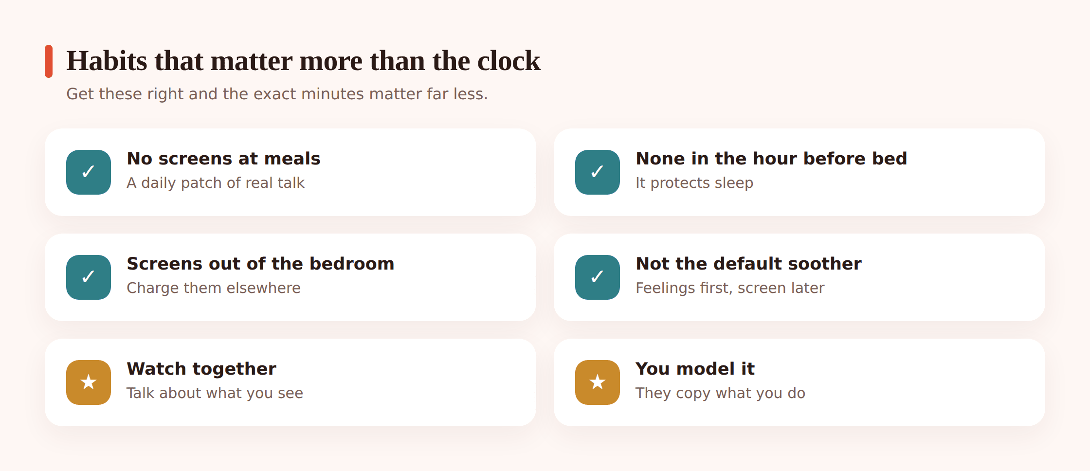 Illustration of healthy young-child screen habits: no screens at meals, screens off before bed, tablet kept out of the bedroom