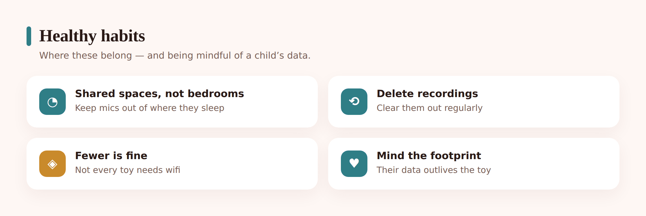 Friendly illustration of a family living room with a smart speaker on a shared shelf and a child's bedroom kept simple and low-tech, showing where connected devices belong