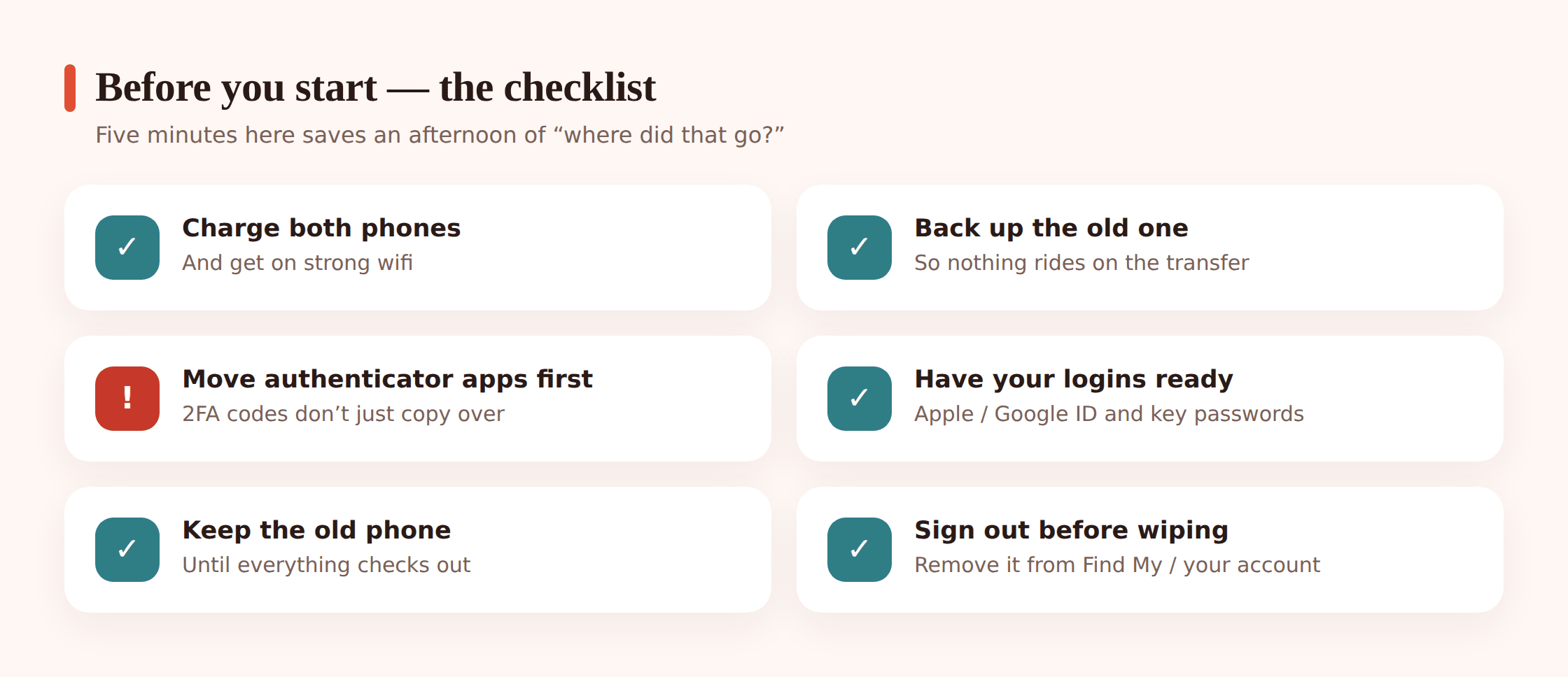Illustration of a pre-transfer checklist with a charging phone, a wifi symbol, a cloud backup icon and a padlock for passwords