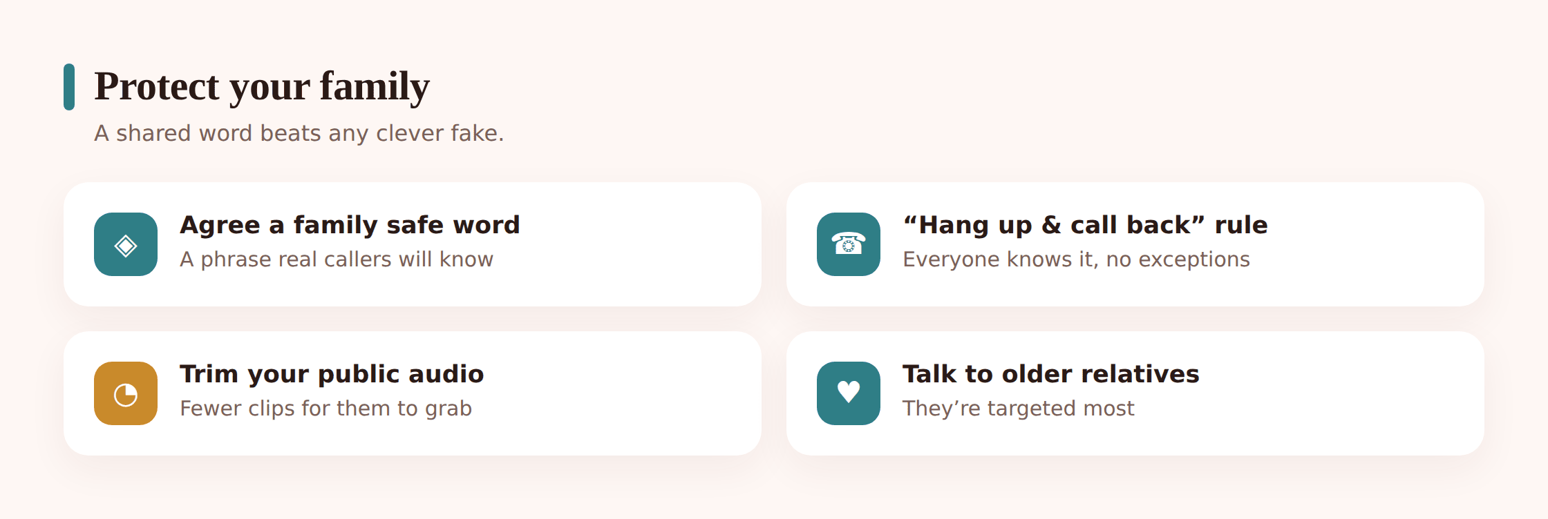 Warm illustration of a family agreeing on a shared secret pass-phrase at the kitchen table