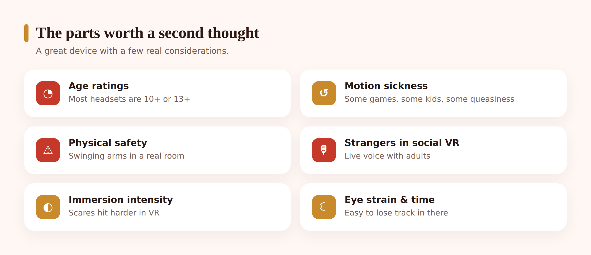A grid of VR considerations: age ratings, motion sickness, room safety, social VR strangers, in-headset spending, and eye strain