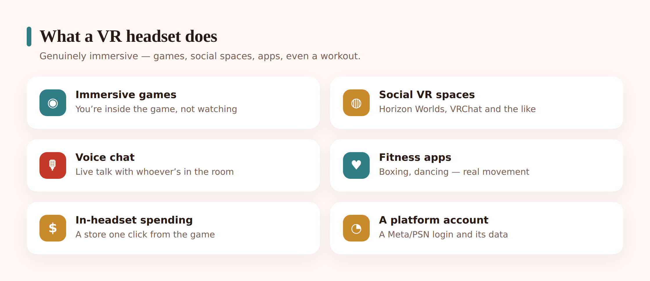 Four things kids do in VR: immersive games, fitness apps, educational experiences, and social spaces