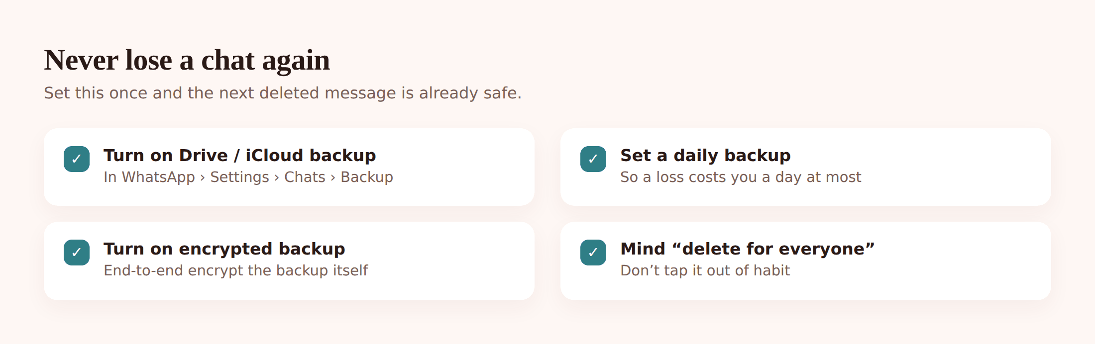 Illustration of WhatsApp chat backup settings switched on for daily automatic backup