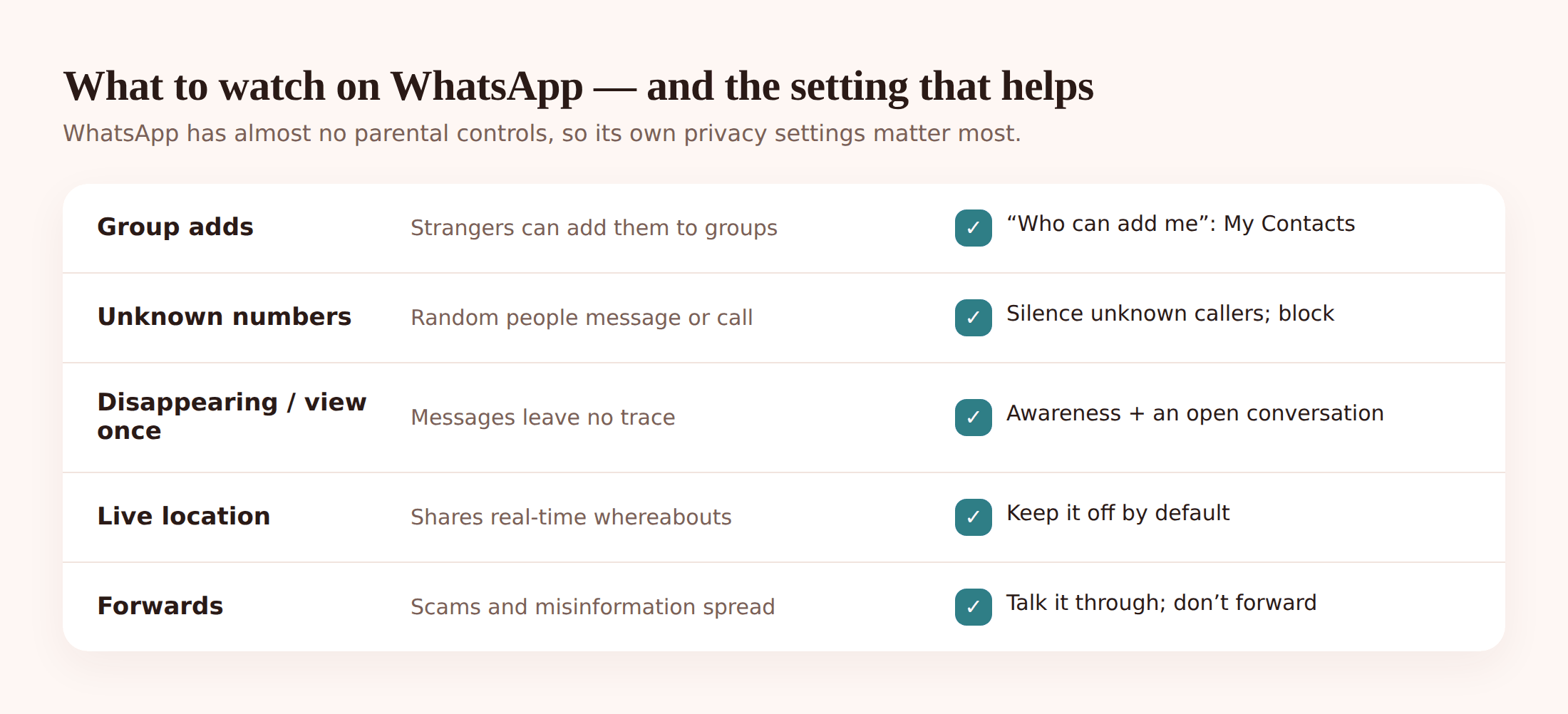 Illustration mapping WhatsApp risks like unknown numbers and disappearing messages to the privacy setting that reduces each one