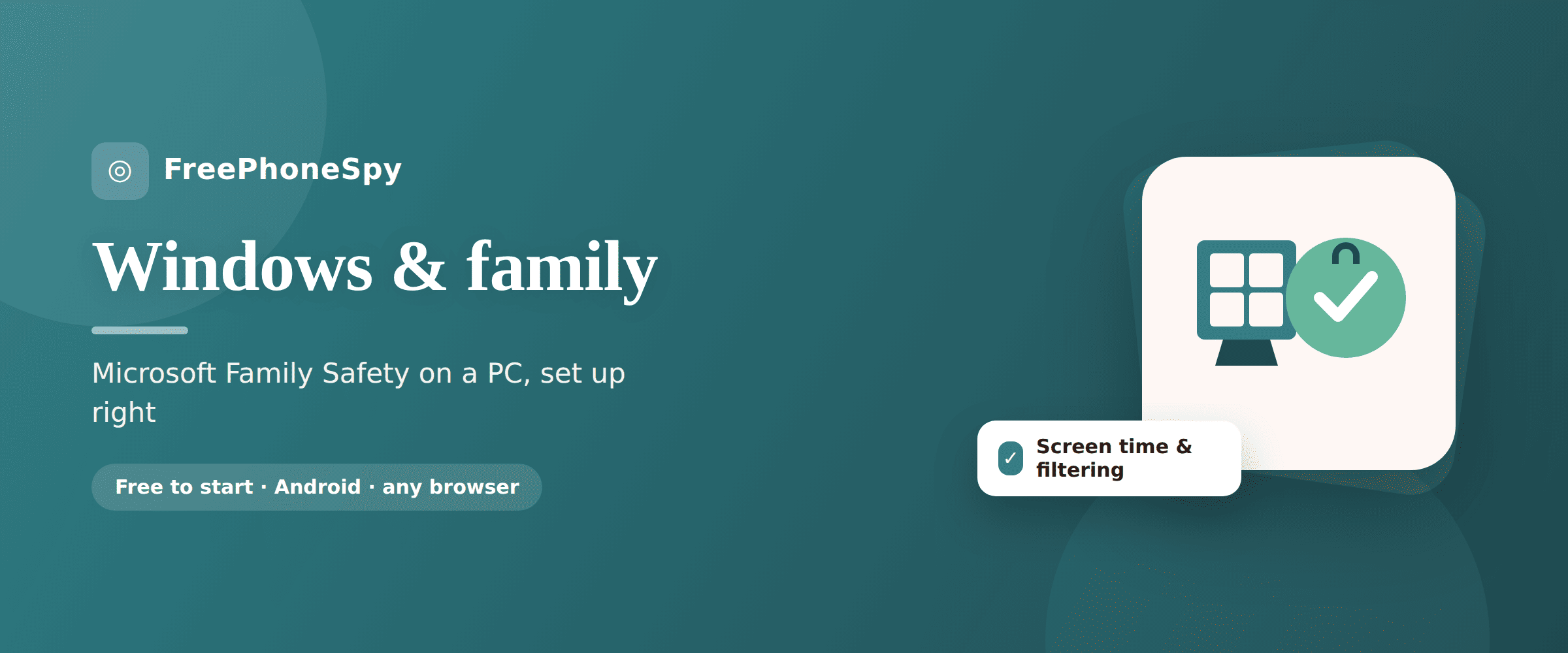 Illustration of a child Windows laptop linked to a parent phone by a family shield, representing Microsoft Family Safety