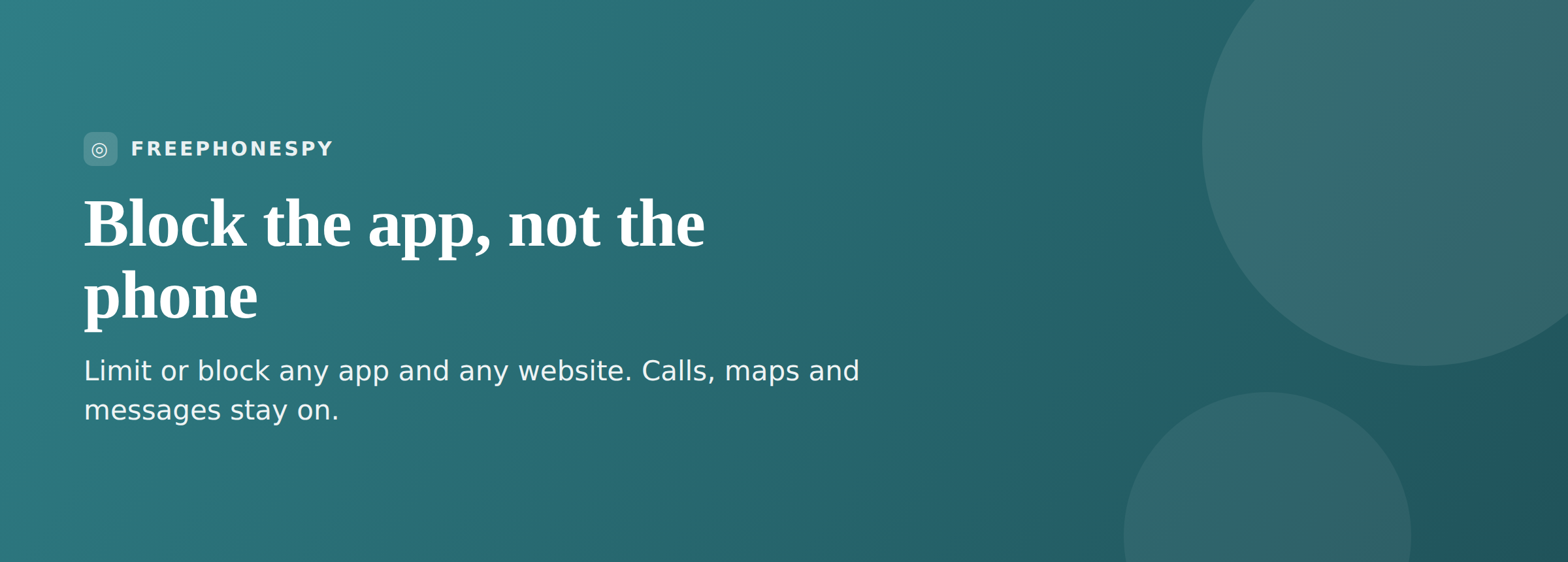 FreePhoneSpy app and website blocking banner showing blocked apps, a content filter shield and essential apps staying on