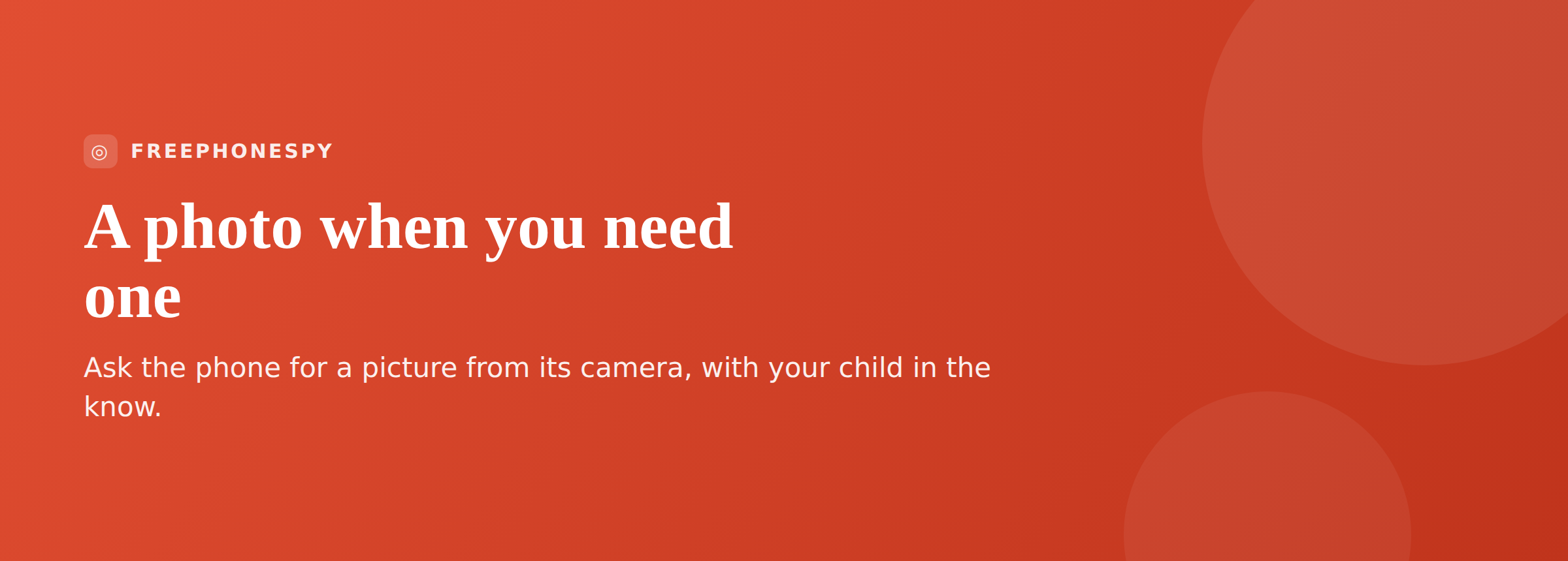 Remote camera banner for the FreePhoneSpy parental monitoring app, showing a phone camera request from the web panel