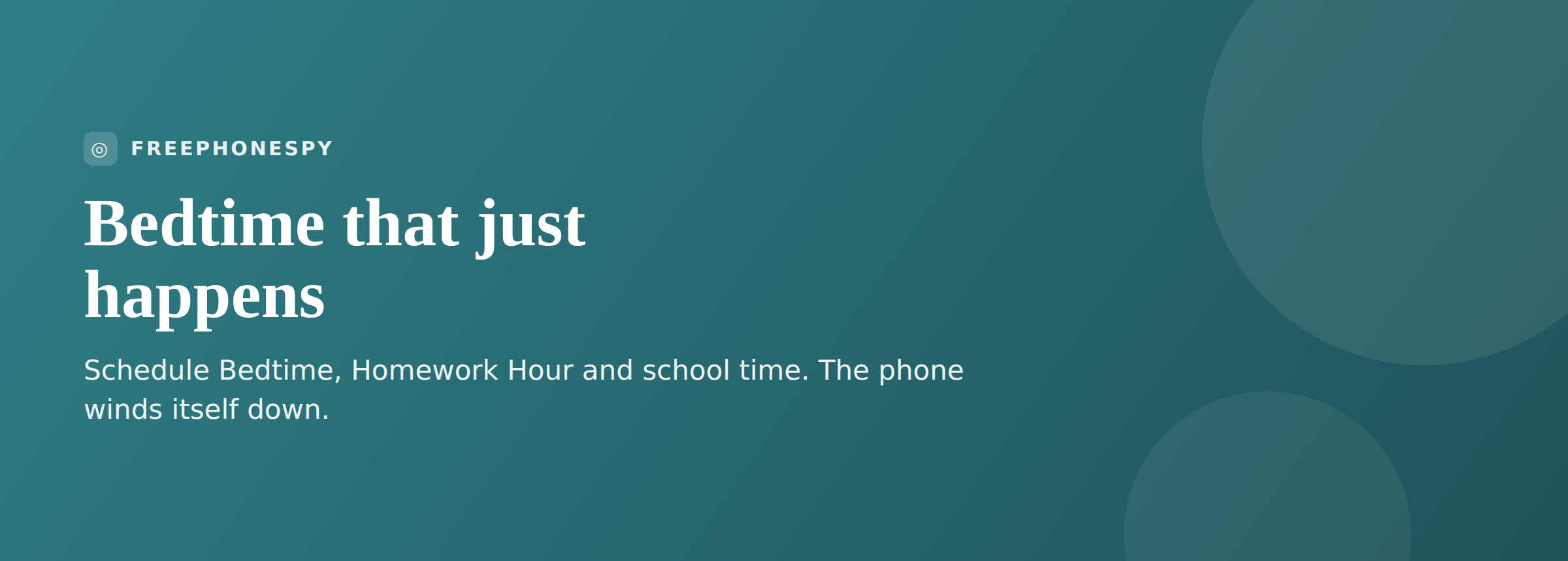 FreePhoneSpy routines banner showing a bedtime schedule and a homework focus mode across a day