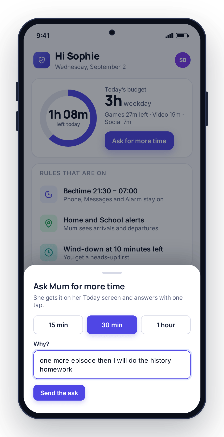 The child asking for 30 more minutes with a reason typed in, sent to the parent’s Today screen