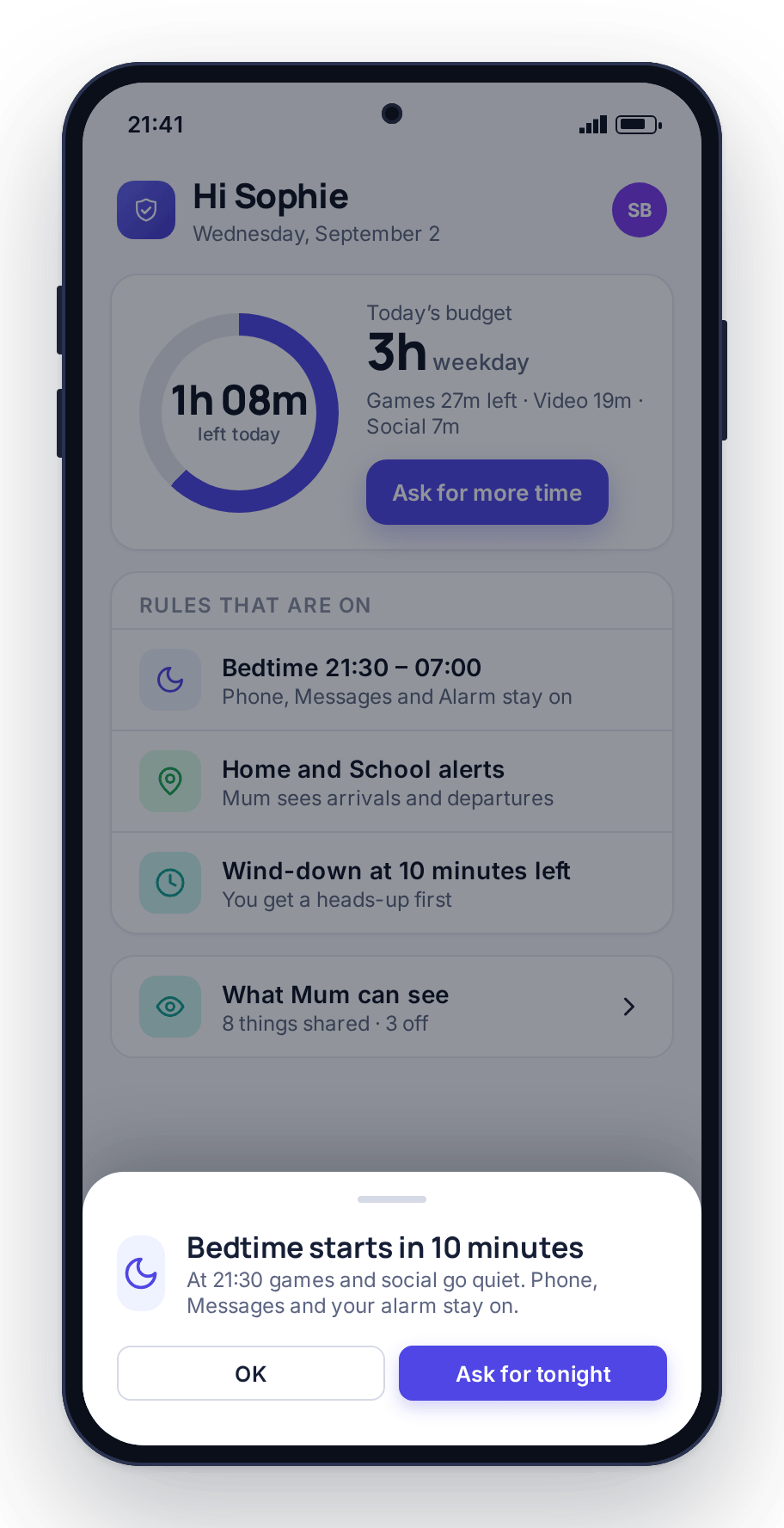 A warning on the child’s phone that Bedtime starts in ten minutes, with an option to ask for tonight
