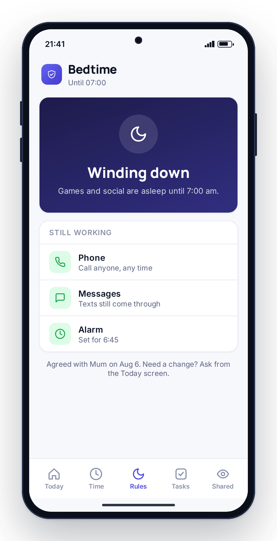 The child’s phone during the Bedtime window: games and social asleep until 7:00, phone, messages and alarm still working