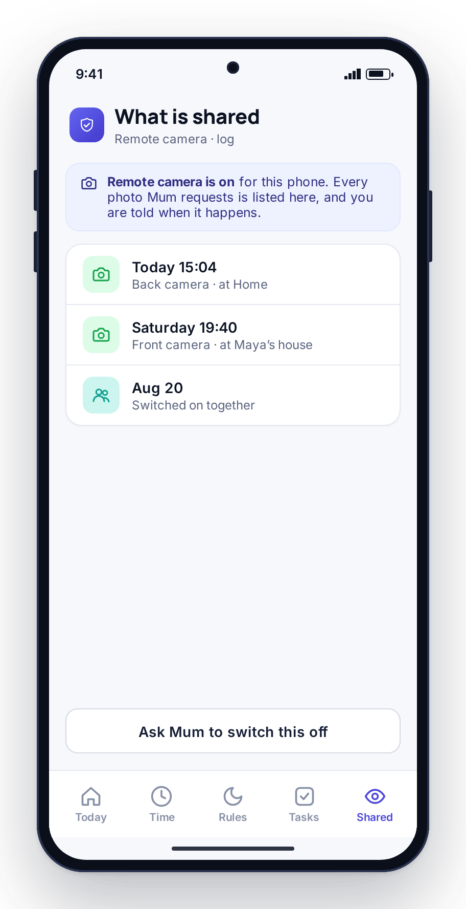 The child app’s remote camera log listing every photo the parent requested, with a button to ask for it to be switched off