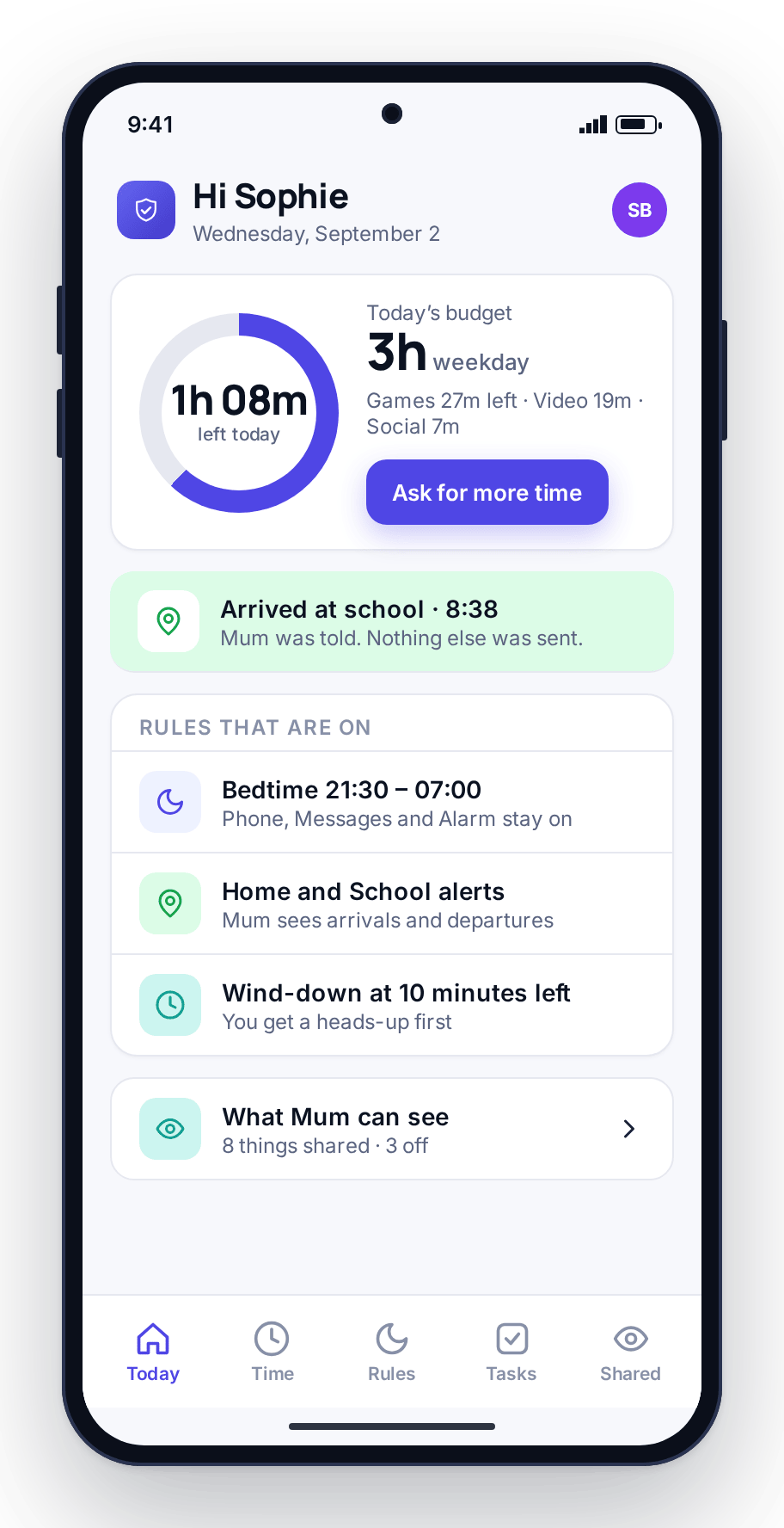 The child app showing an Arrived at school notice with a note that only the arrival was shared