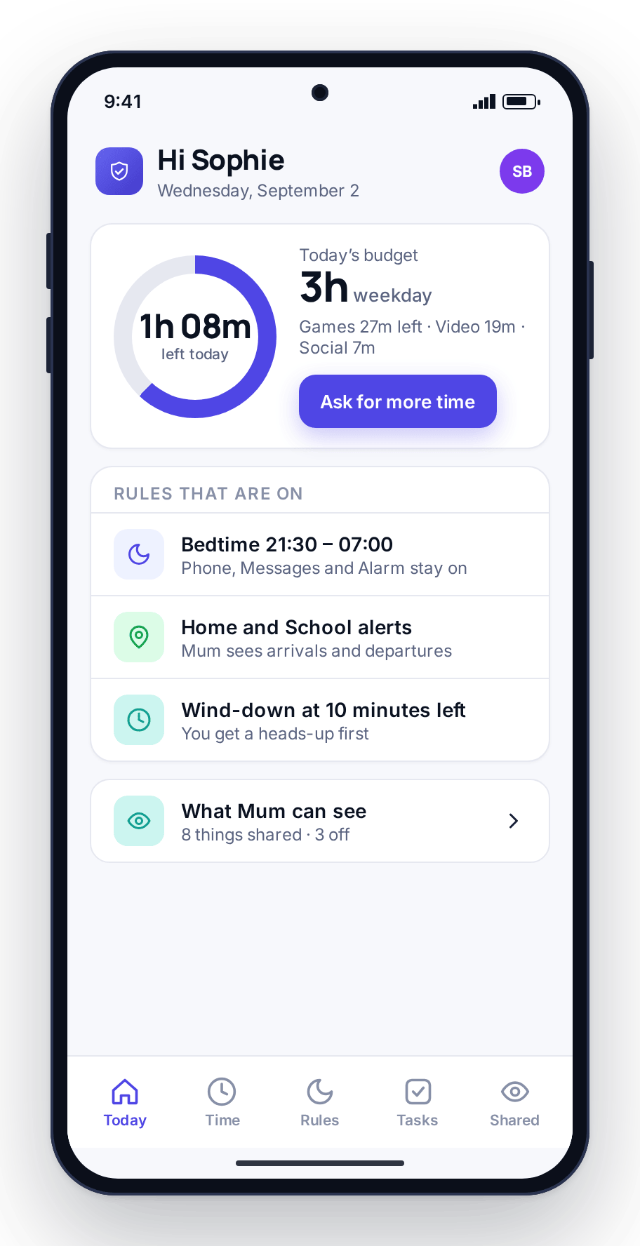 The FreePhoneSpy child app on an Android phone: today’s screen-time budget, the rules that are on and a What Mum can see link