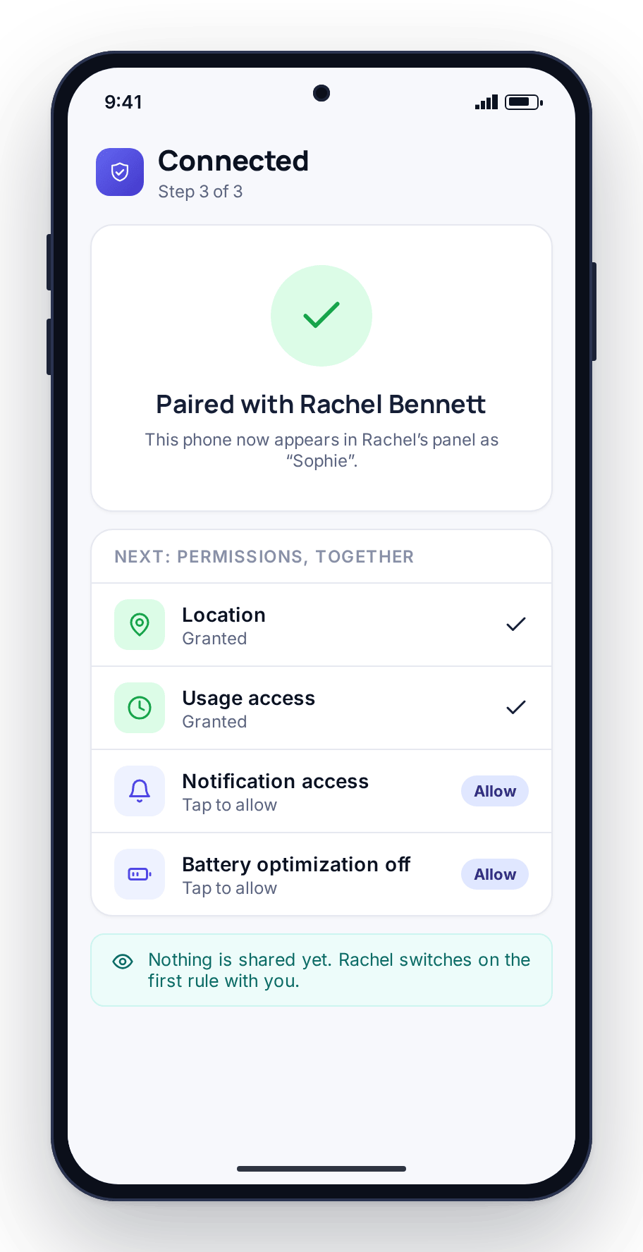 The child app confirming the phone is paired with Rachel Bennett, and listing the permissions to grant together next