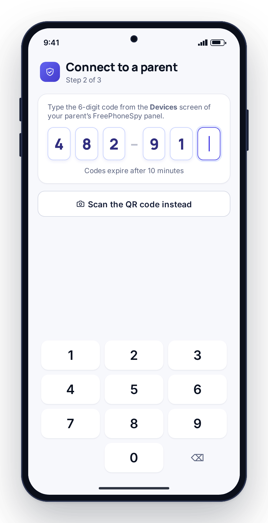 The child app asking for the six-digit pairing code from the parent’s Devices screen, with a number pad