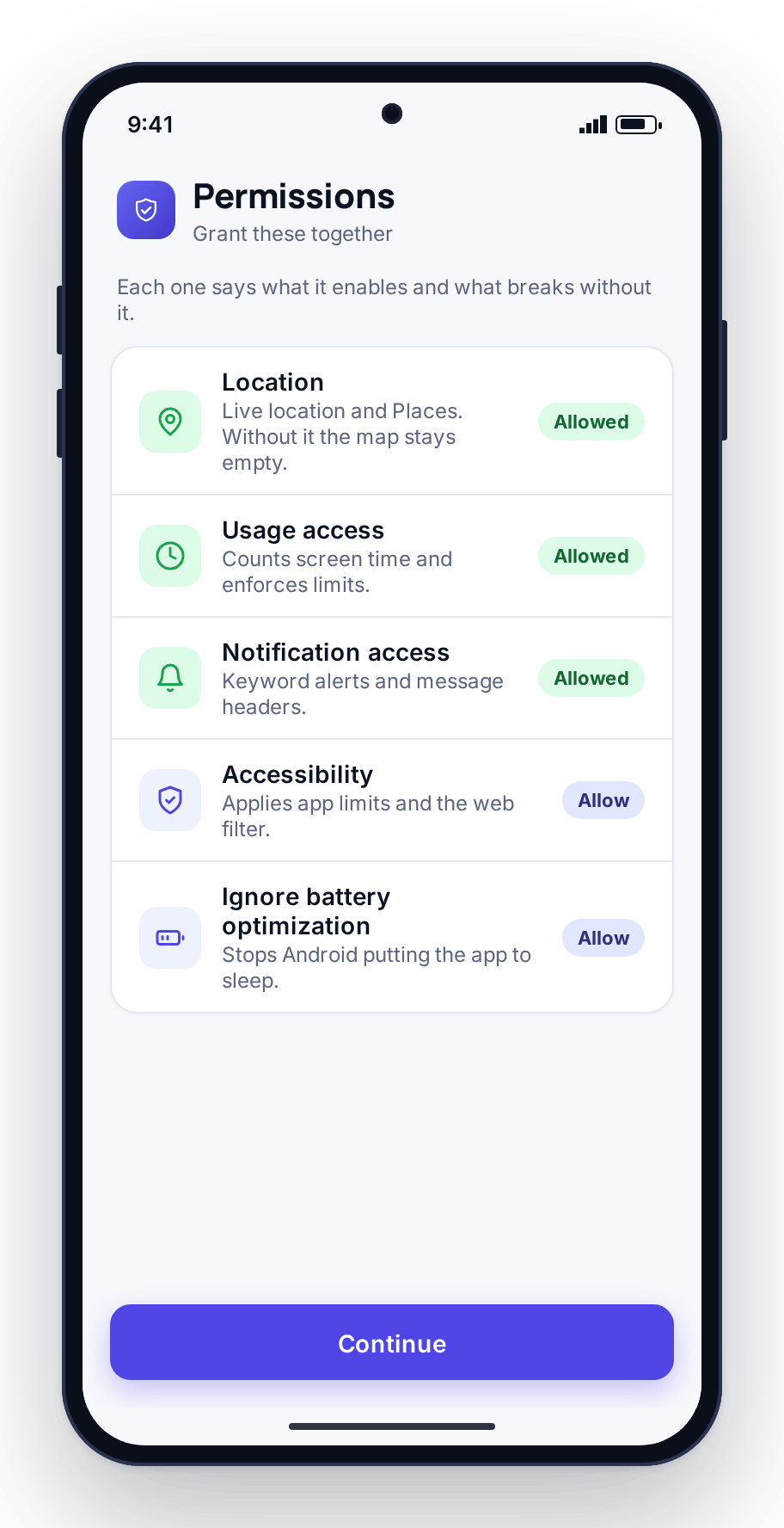 The child app’s permissions screen explaining what each Android permission enables