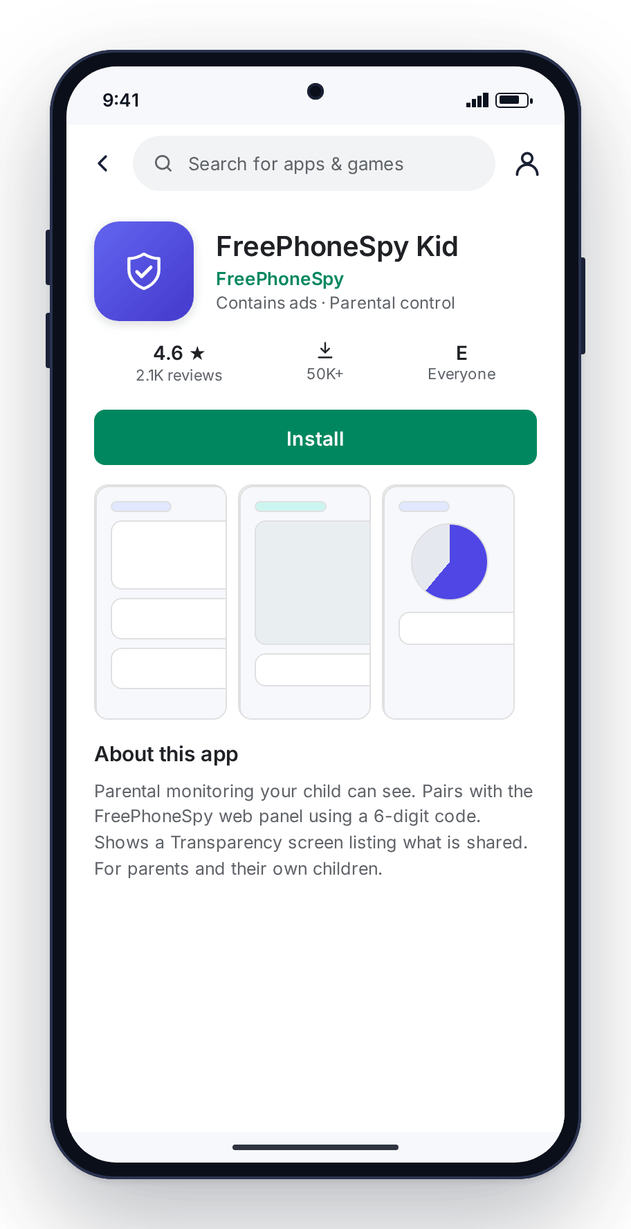 The FreePhoneSpy Kid listing on Google Play on an Android phone with the Install button