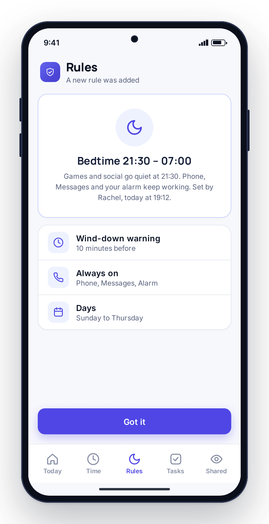 The child’s phone showing a newly agreed Bedtime rule with its times and what stays on