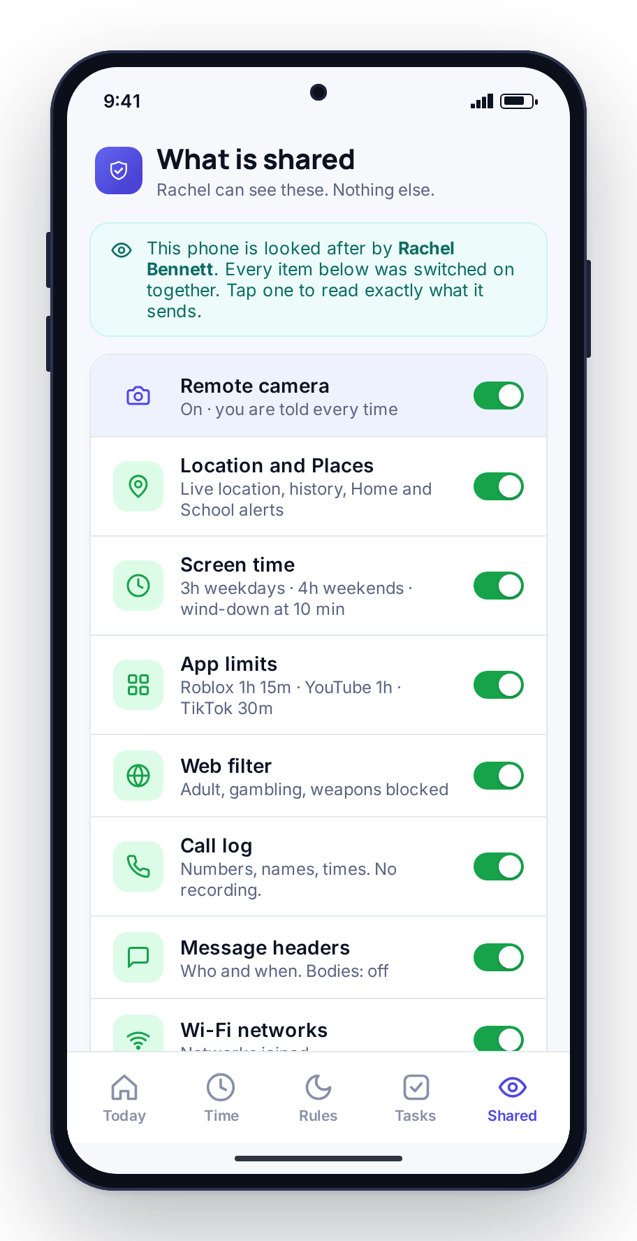 The child’s What is shared screen listing the remote camera and ambient audio as on, with a note that the child is told each time