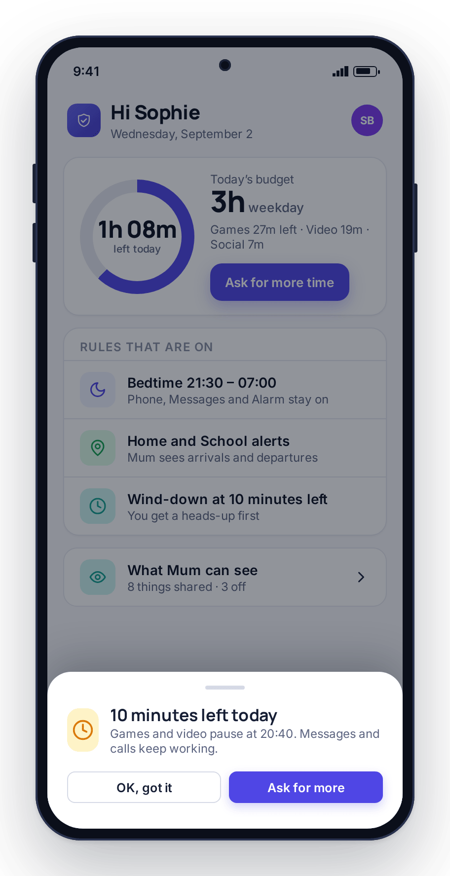 A wind-down warning on the child’s phone: ten minutes left today, with a button to ask for more time